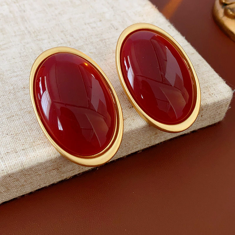 Thumbnail: Vintage Red Resin Women's Earrings Stud Earrings Luxury large Geometric Oval ear