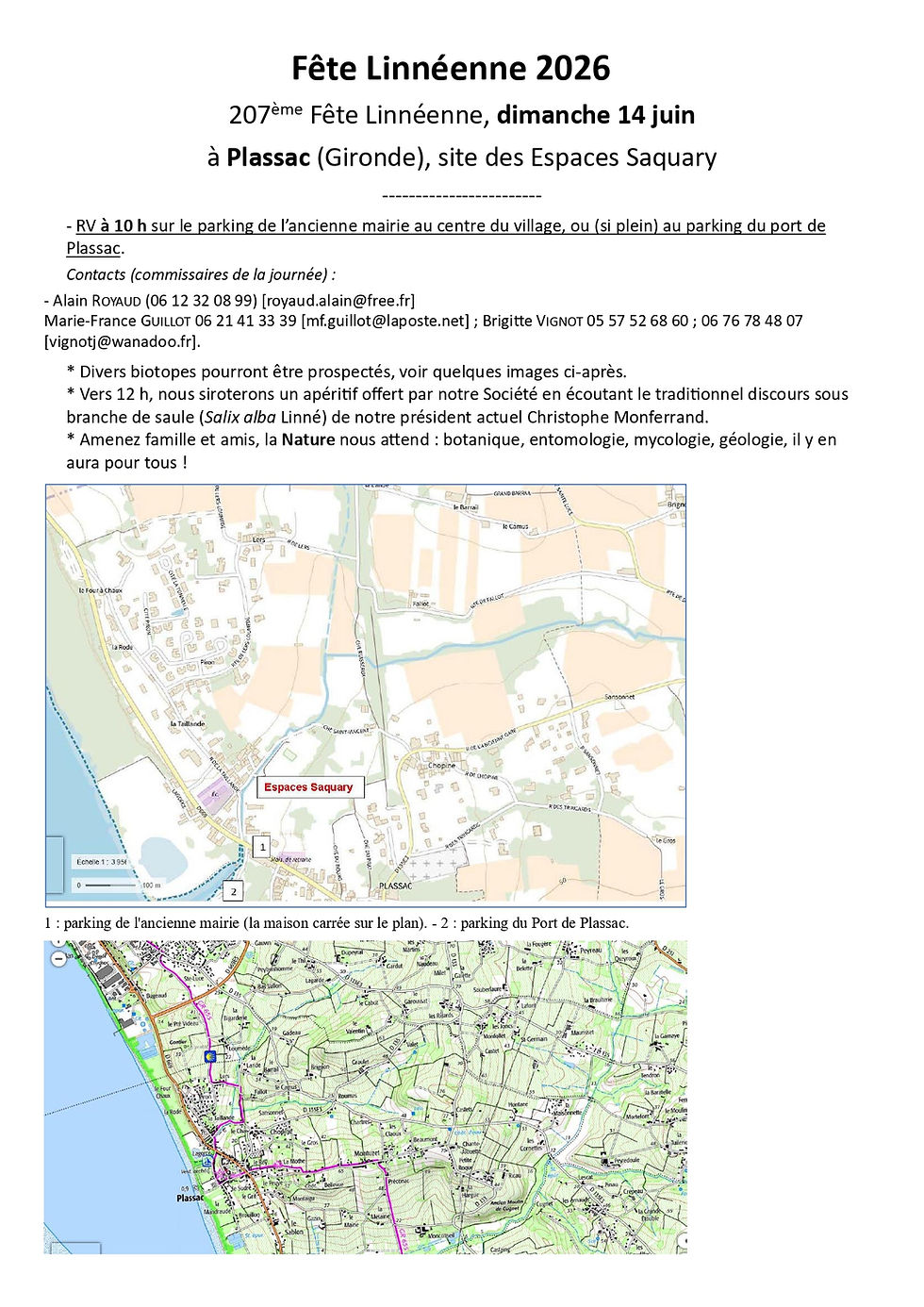 Affiche Fête Linnéenne 2026 à Plassac, avec date, contacts et cartes des parkings et du site Espaces Saquary.
