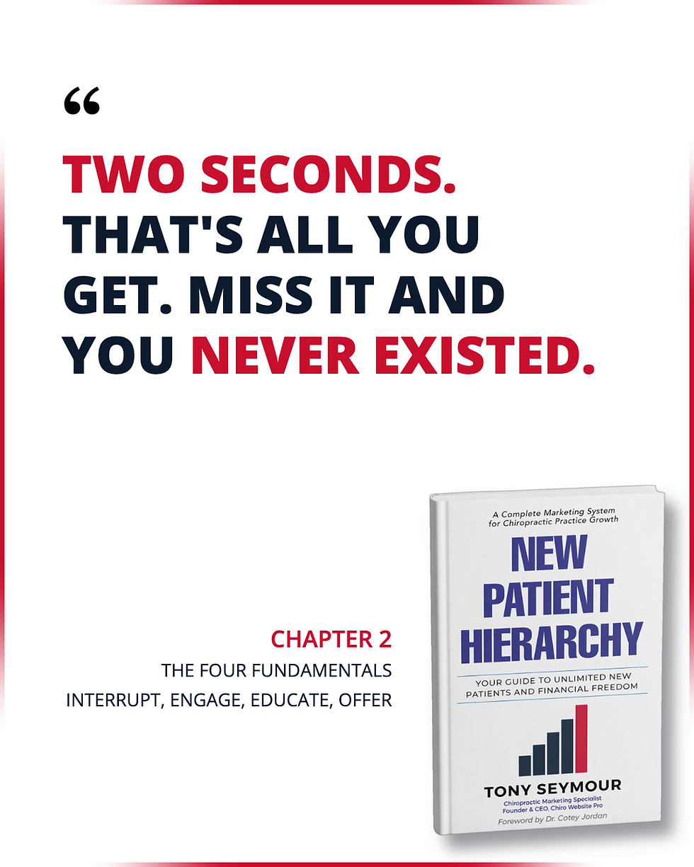 “Two seconds. That’s all you get. Miss it and you never existed.” — New Patient Hierarchy by Tony Seymour, Chiro Website Pro
