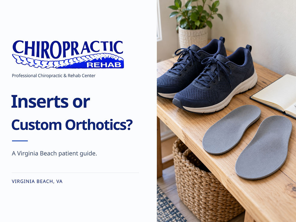 Inserts or Custom Orthotics, with Chiropractic Rehab branding, walking shoes, plain shoe inserts and an open notebook.