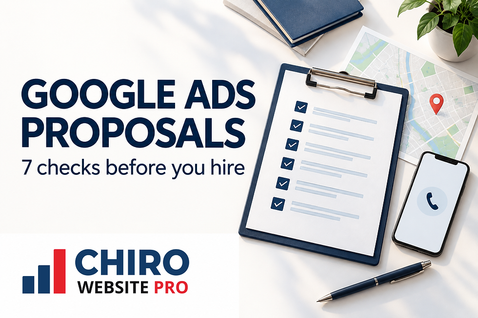 Chiropractic Google Ads proposal checklist with a clipboard, local map pin, phone inquiry icon, and the Chiro Website Pro logo.