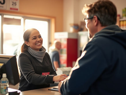 Woman clerk and male customer at convenience store counter