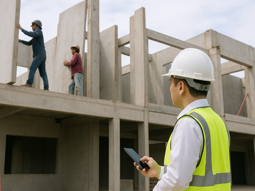 Pekerja konstruksi memasang precast concrete wall panel dengan pengawasan insinyur lapangan