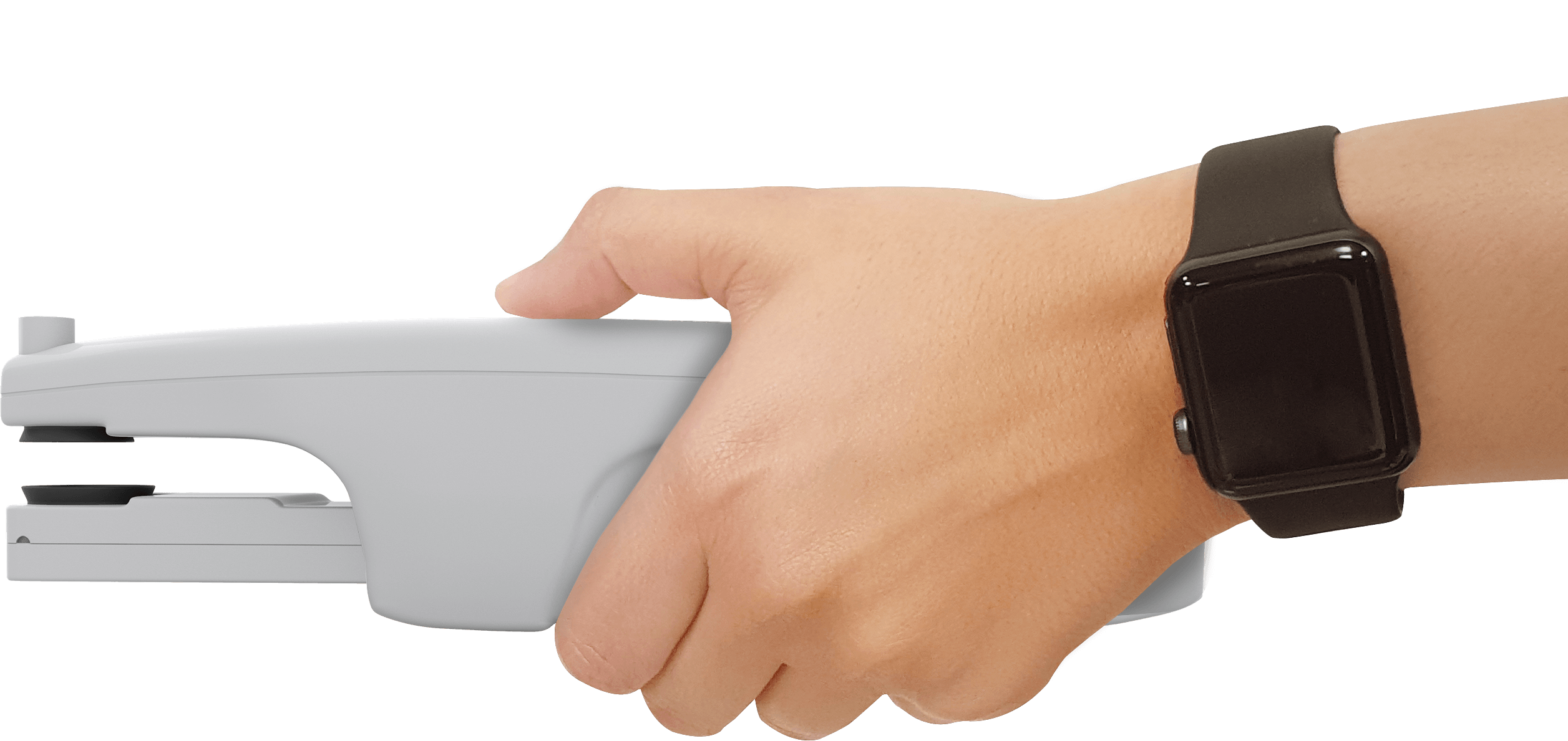 A sideview of a hand with a watch on holding the MultispeQ V 2.0 measurement.
