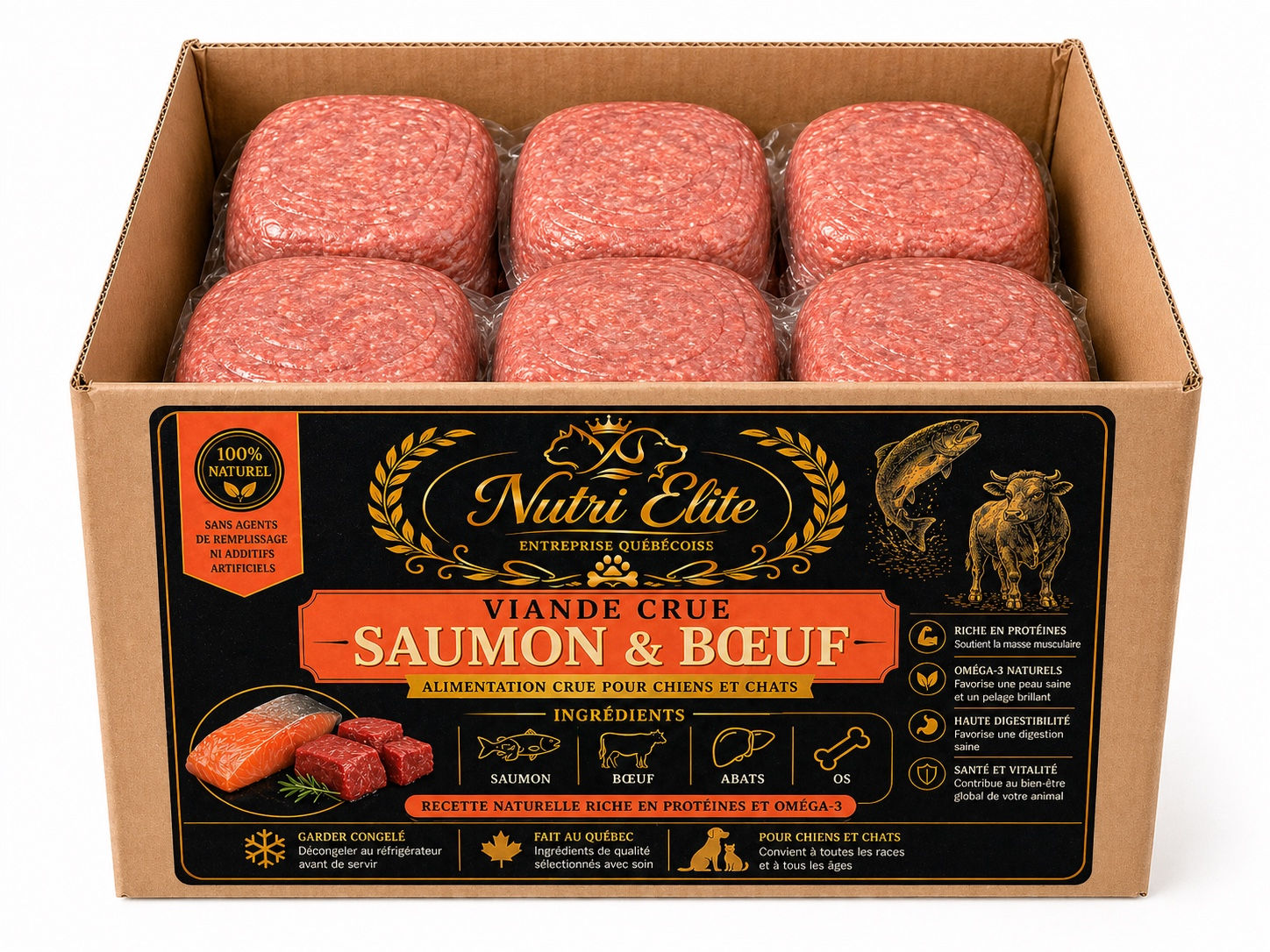 Viande crue : saumon et bœuf pour chiens et chats