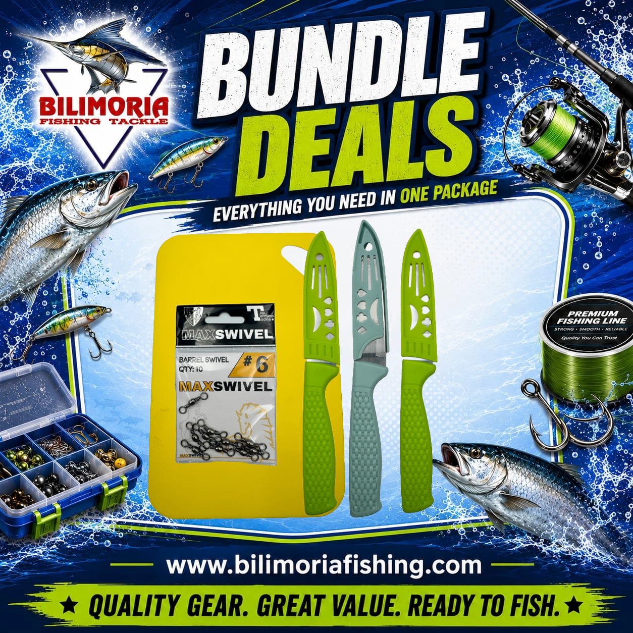 Bundle Deal #15: Cutting Board & 3x Knives in Sheath & Box of 100 Max Swivels