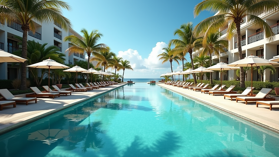 Wide angle view of a tropical resort pool area with lounge chairs and palm trees