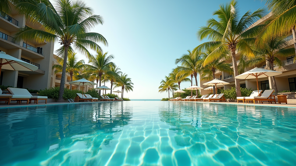 Eye-level view of a tropical resort pool with palm trees and lounge chairs