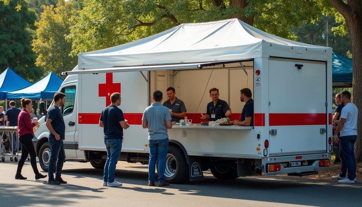 High angle view of a medical tent at a large outdoor event