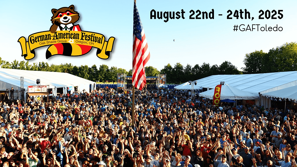 Colorful German‑American Festival banner featuring a festive raccoon mascot and the text ‘59th Annual German‑American Festival • Oak Shade Grove • Oregon, Ohio • August 22–24, 2025.’ With a crowd of people enjoying the