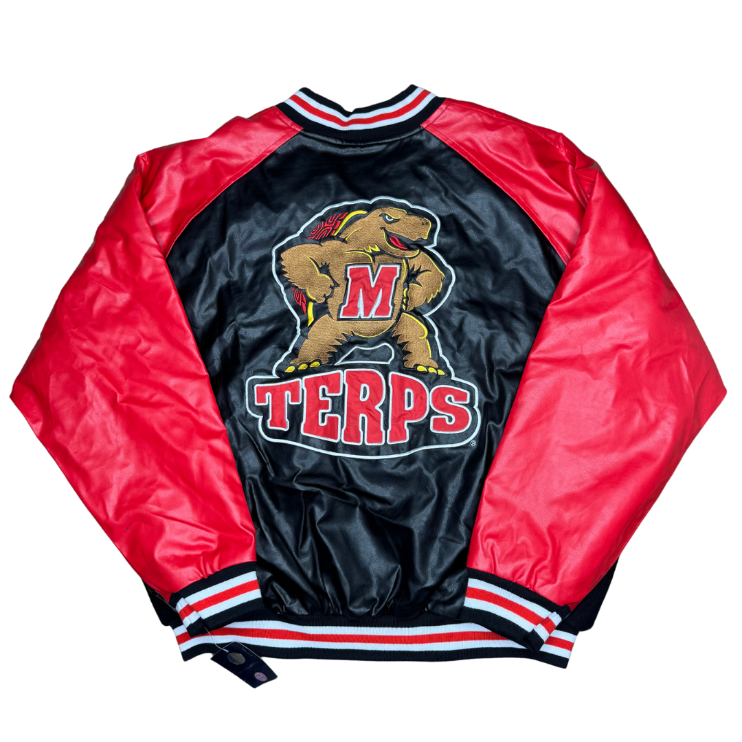University of Maryland Vintage Embroidered Terrapins Faux Leather Jacket