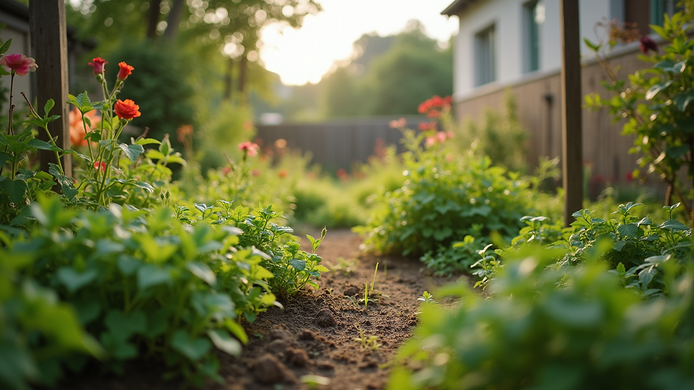 Eye-level view of a community garden flourishing with diverse plants