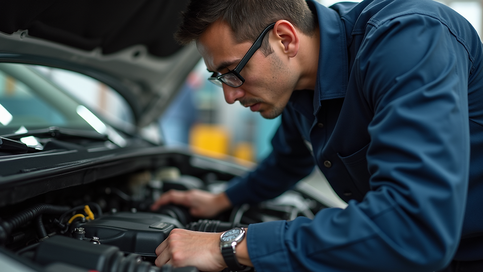 Close-up view of a mechanic inspecting a car engine