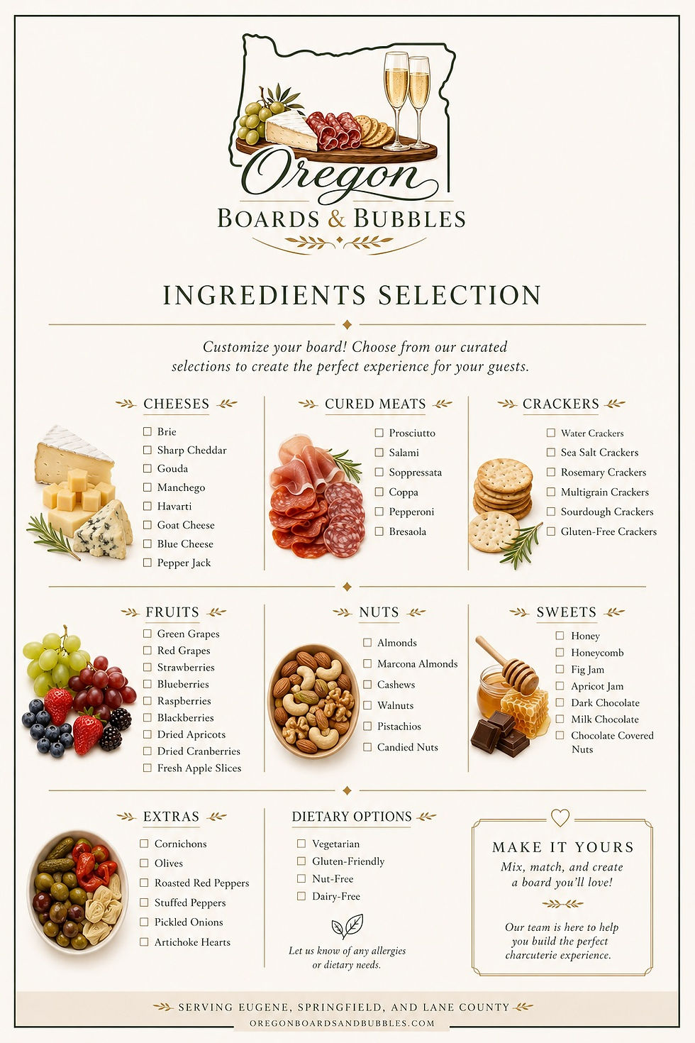 Charcuterie ingredients selection including cheeses, cured meats, crackers, fruits, nuts, sweets and dietary options