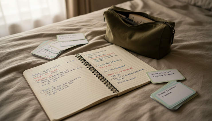 Close-up of a notebook on a bed with revision cards and a half-zipped bag nearby