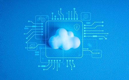 Abstract representation of cloud computing system resembling a computer chip