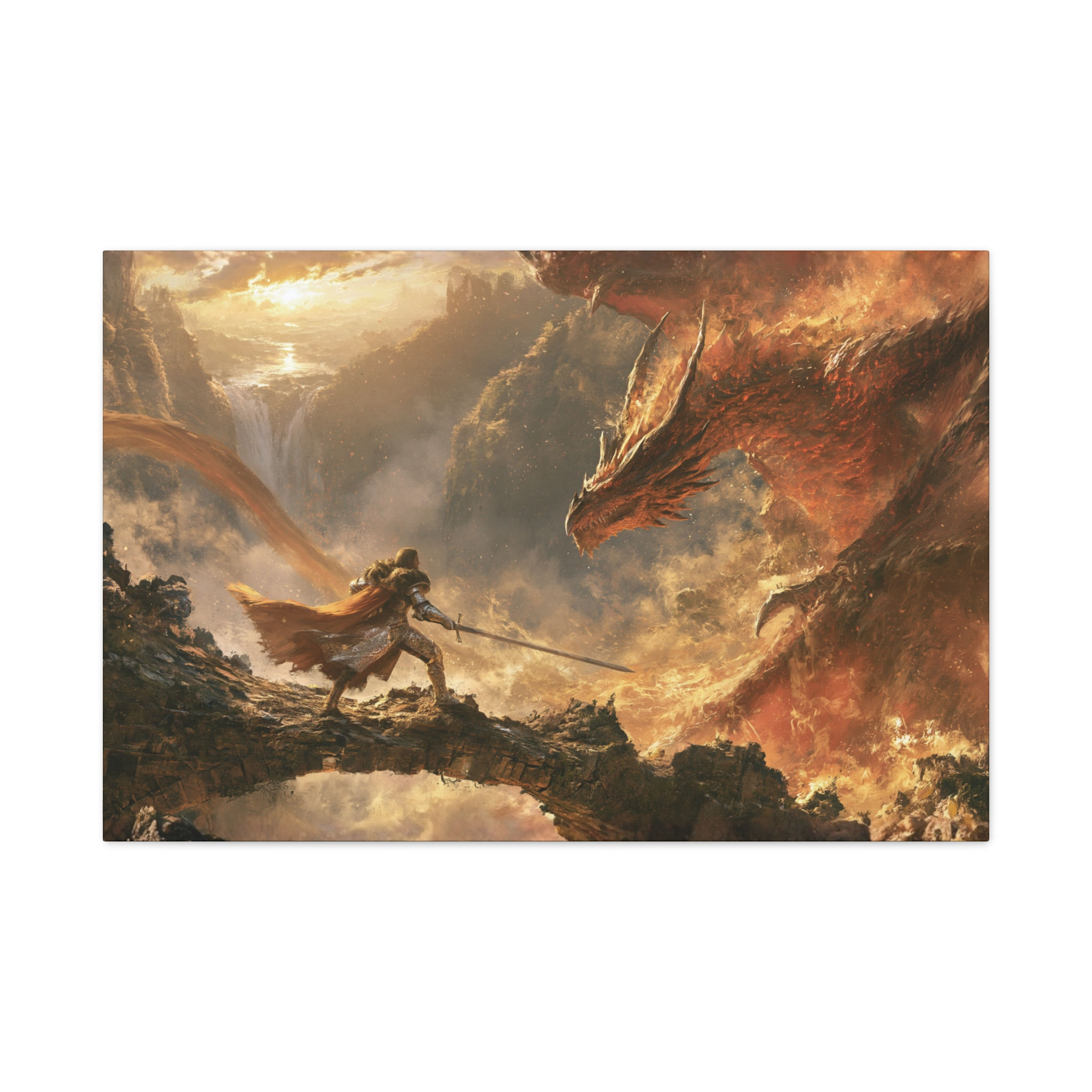 Dragon Slayer Canvas Print — Fantasy Warrior vs Fiery Dragon Matte Stretched Art