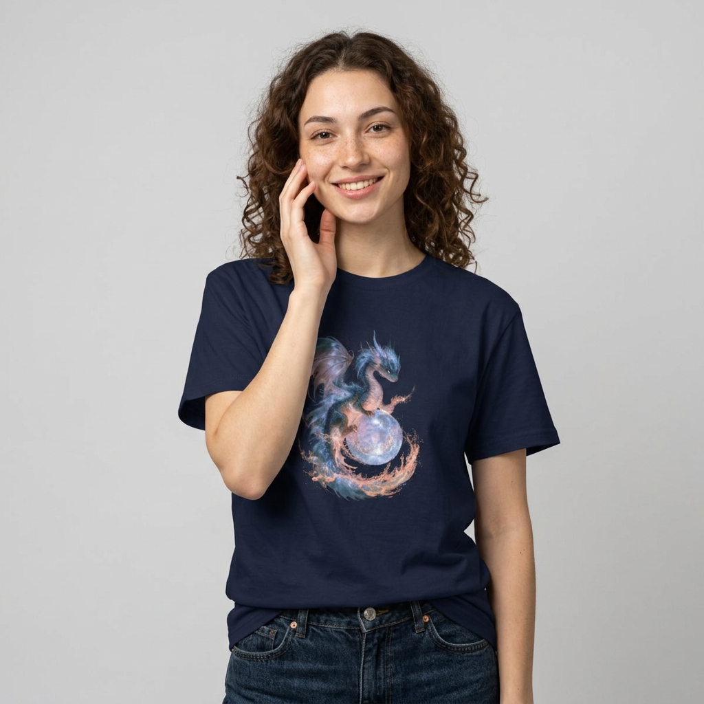 Celestial Dragon Embrace Tee - Dragon Holding Gemstone Graphic Shirt
