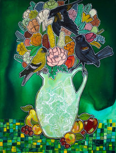 flower, fruit, and songbird still life painting
