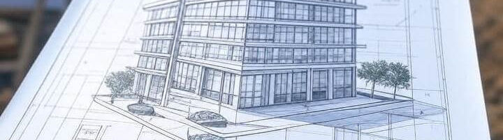 Architectural blueprint with text, Novacore builders, we make your dream reality, construction background