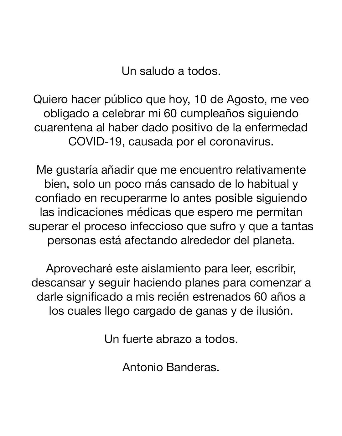 Antonio Banderas da positivo por COVID-19 en su cumpleaños