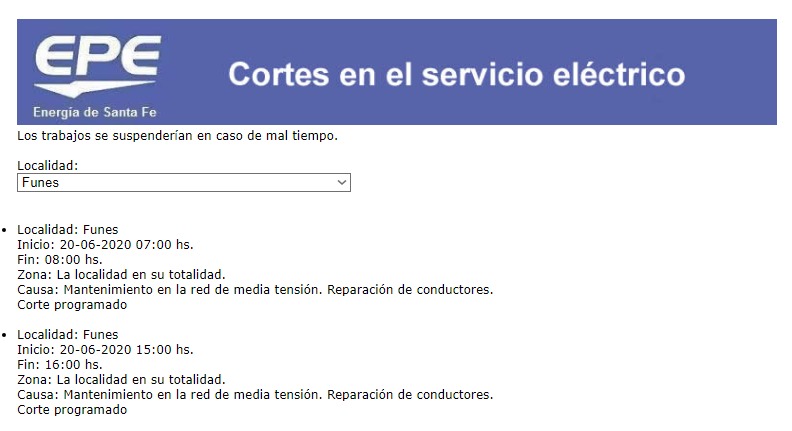 #Funes: el sábado habrán cortes de luz programados para toda la ciudad