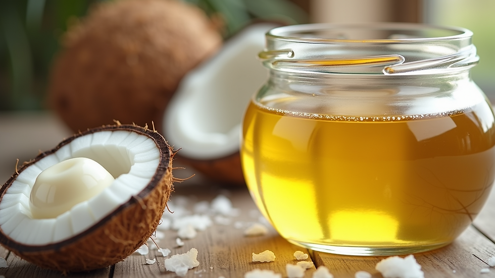 Close-up view of coconut oil in a glass jar