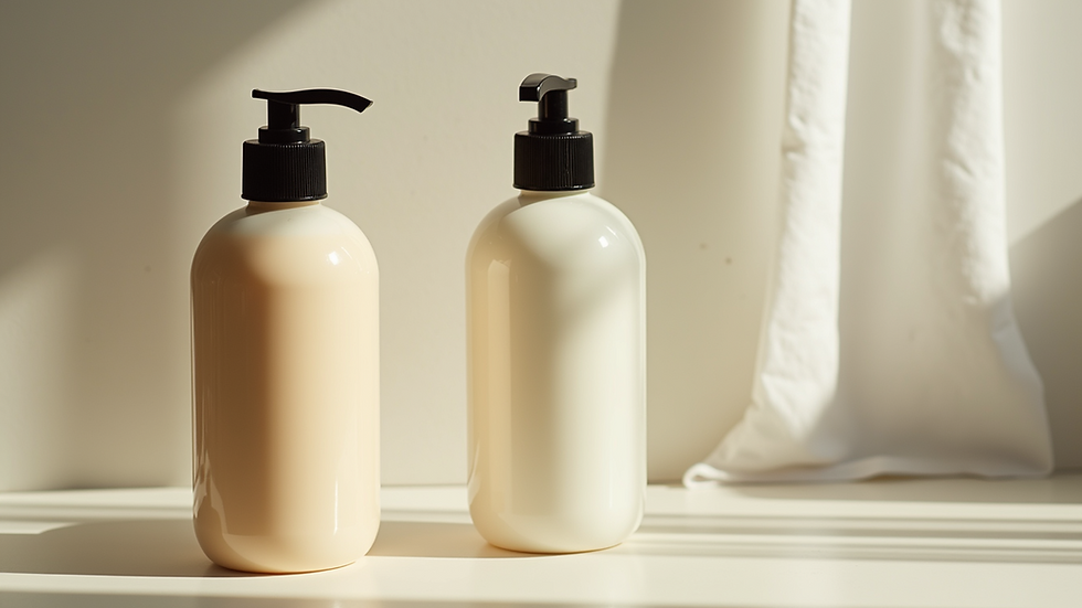Close-up view of bottles of vegan shampoo and conditioner