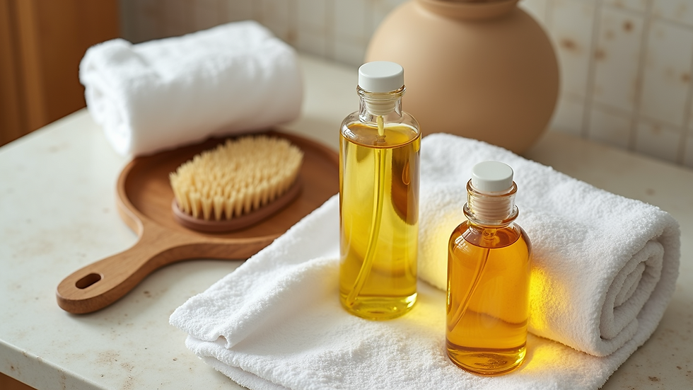High angle view of a hair care routine setup with oils, brushes, and a towel