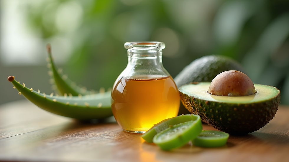 Eye-level view of natural ingredients like avocado, honey, and aloe vera on a wooden table