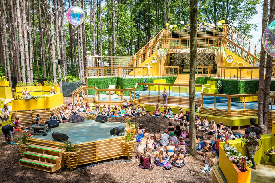 The Honeycomb Stage for Electric Forest Festival combined interconnected hexagonal platforms creating a hive like playground for the festival’s guests.