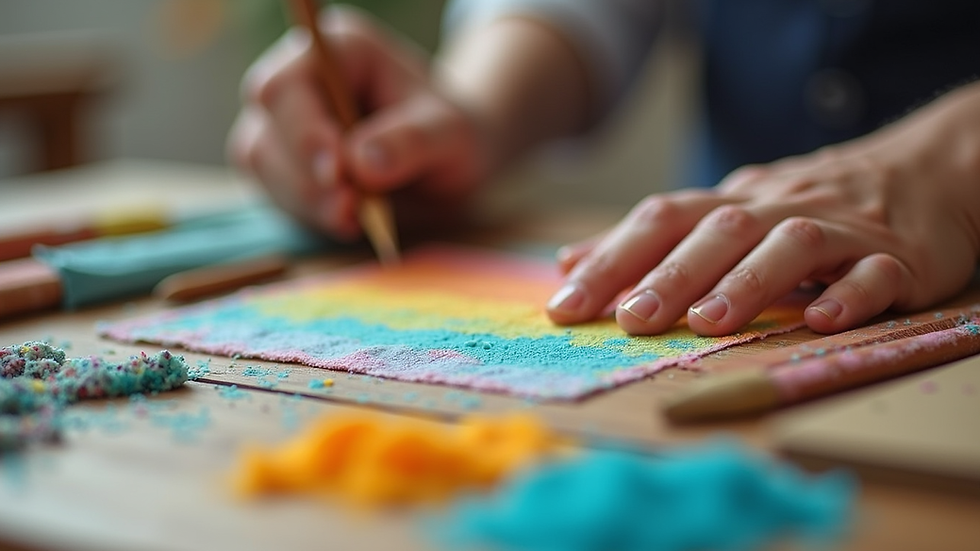 Close-up view of a colorful craft kit with various materials