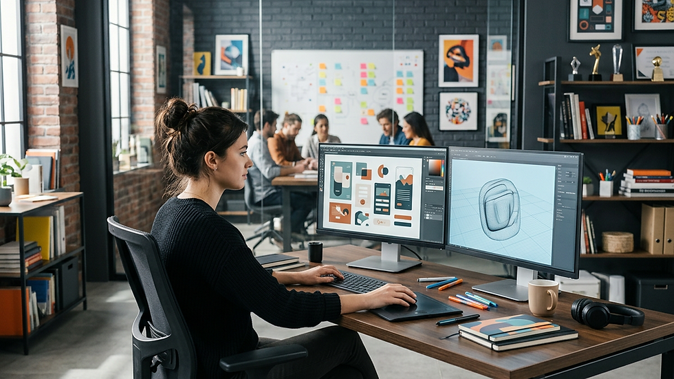 Eye-level view de designer trabalhando em computador com elementos gráficos