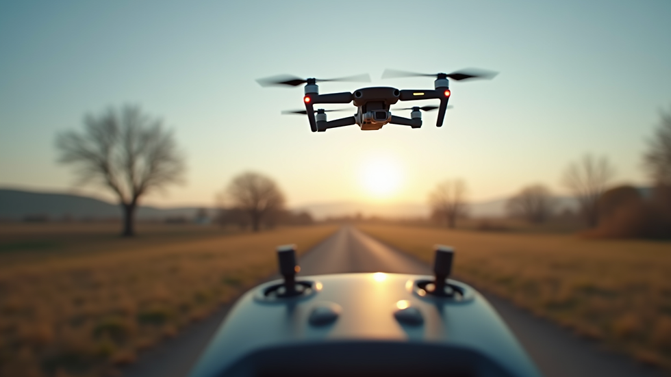 Eye-level view of a drone controller with a drone flying in the background