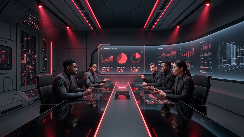 Eye-level view of a business meeting discussing marketing budgets