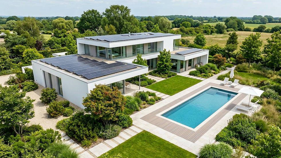 Eye-level view of sustainable house with solar panels and green landscaping