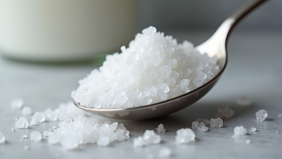 Close-up view of a spoonful of erythritol crystals