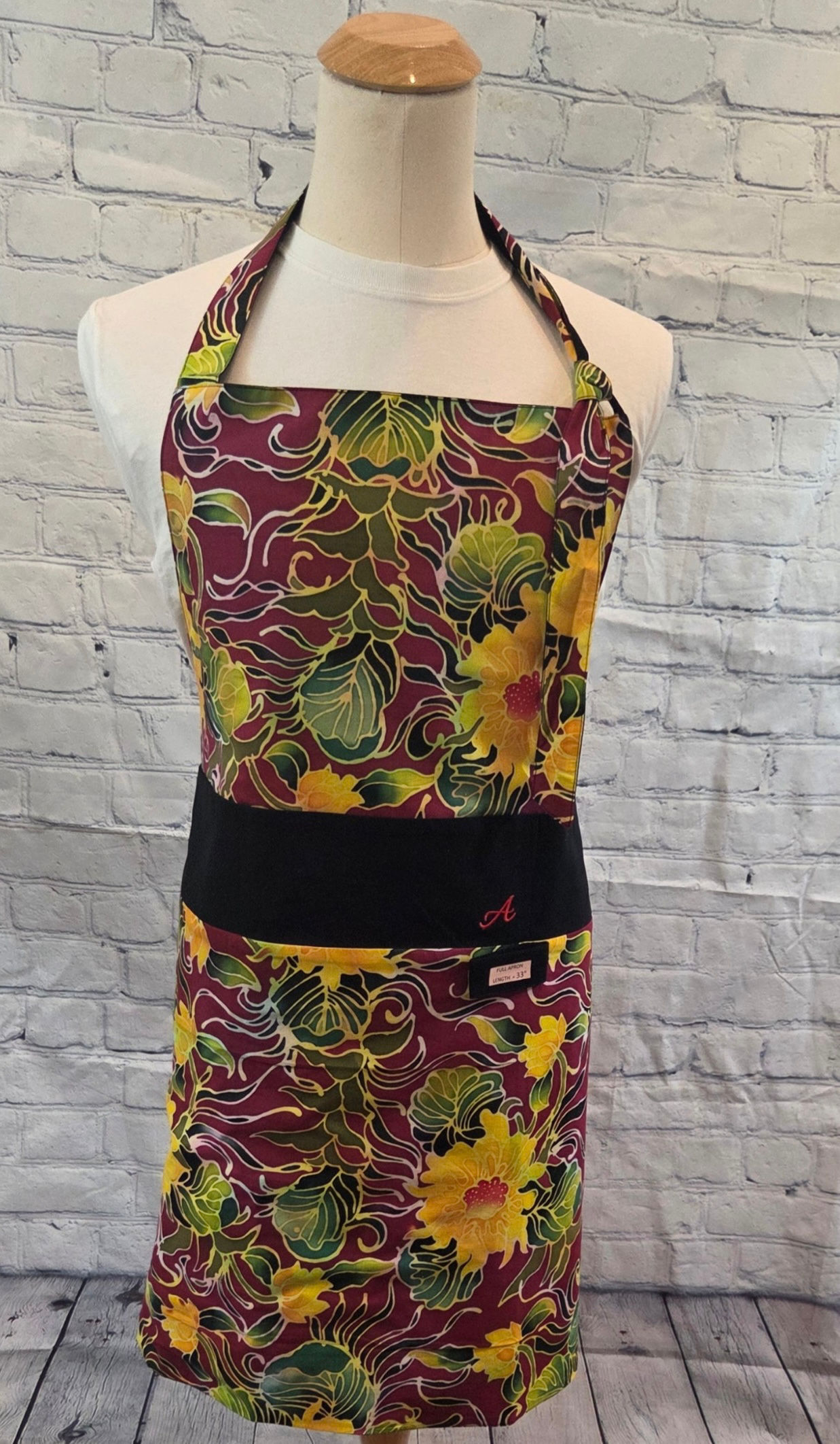 A’s  Burgundy Garden Reversible Mozambique Collection |Long Bib Apron