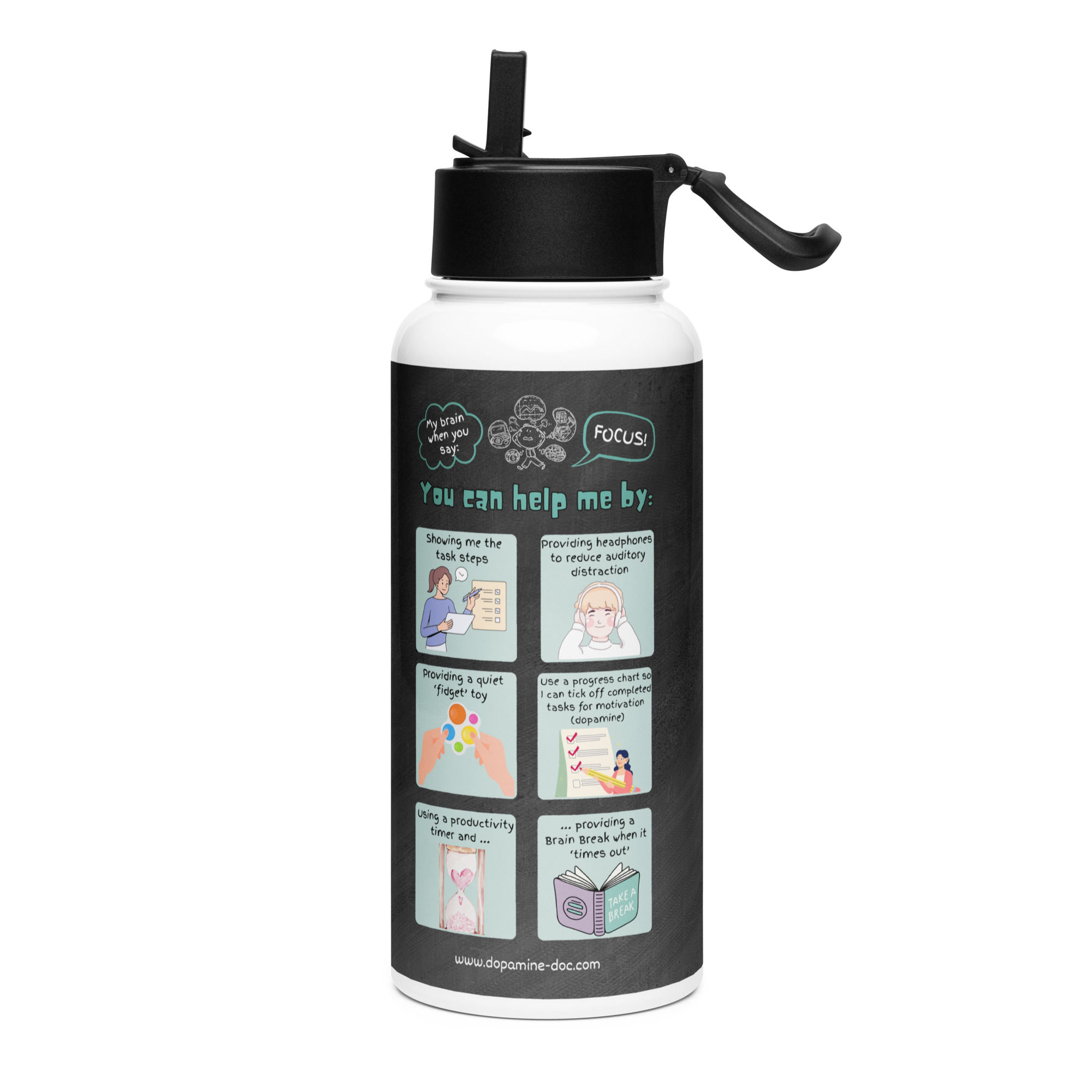 Neurodivergent student stainless steel water bottle with a straw lid