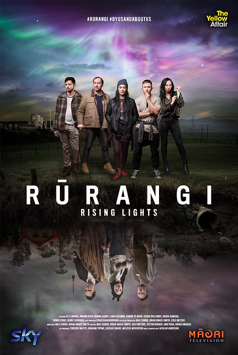 Poster of Rūrangi Season Two: Rising Lights - it depicts the five main characters from left to right of Jem, Gerald, Anahera, Caz and Ellie. Gerald, Anahera and Caz are reflected in the river below as their past ancestors. In the background is the looming dairy factory, fields of pasture, and the Rūrangi 'Quake Lights' in the night sky