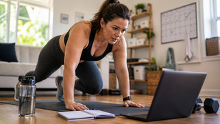 Overweight woman doing a home workout while following a fitness plan on her laptop, demonstrating accountability and consistency