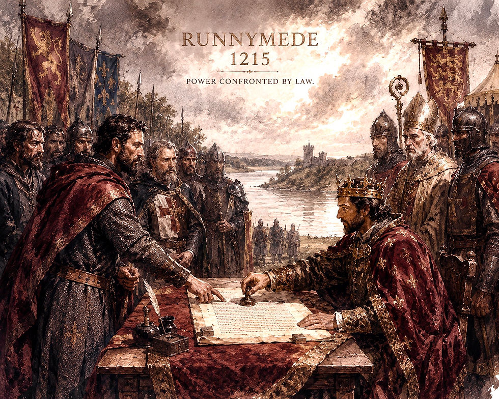 Illustrated scene of King John sealing Magna Carta at Runnymede in 1215 while surrounded by armed English barons, clergy, and soldiers beneath a storm-filled sky beside the River Thames.