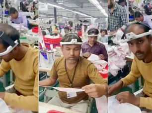 Garment factory workers in India wearing head-mounted cameras while sewing clothing to capture data for AI and robotics training