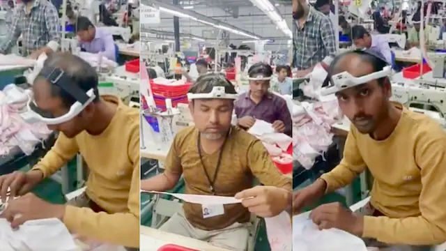 Garment factory workers in India wearing head-mounted cameras while sewing clothing to capture data for AI and robotics training