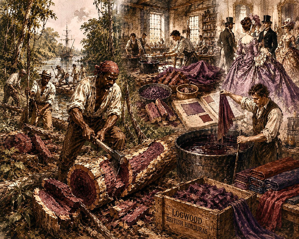 Watercolor-style collage illustrating the colonial logwood trade in British Honduras. Labourers cut and process logwood in tropical forests while dyers extract deep purple pigments used in European textiles and luxury fashion. Victorian figures in elaborate garments appear beside vats of dye, fabric samples, and shipping routes, symbolizing the connection between Caribbean extraction, global trade, and the economic foundations of European wealth and fashion industries.