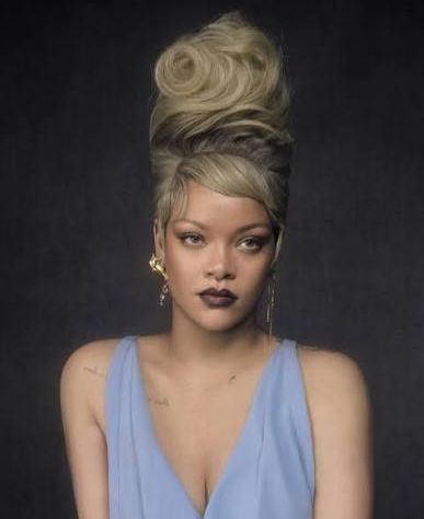 Rihanna portrait, Rihanna in elegant blue gown, high sculptural updo, dark lipstick, studio portrait, luxury fashion, beauty entrepreneur, Barbadian singer, minimalist editorial photography, sophisticated style, enterprise value feature image