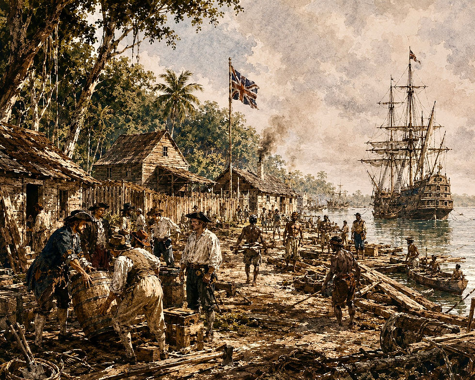 Watercolor-style illustration of a colonial trading settlement along the coast of British Honduras. Merchants, labourers, and dockworkers move timber, barrels, and goods beside wooden buildings and sailing ships flying British flags. The busy port scene reflects the expansion of imperial trade networks, maritime commerce, and the economic extraction systems tied to Caribbean timber exports.