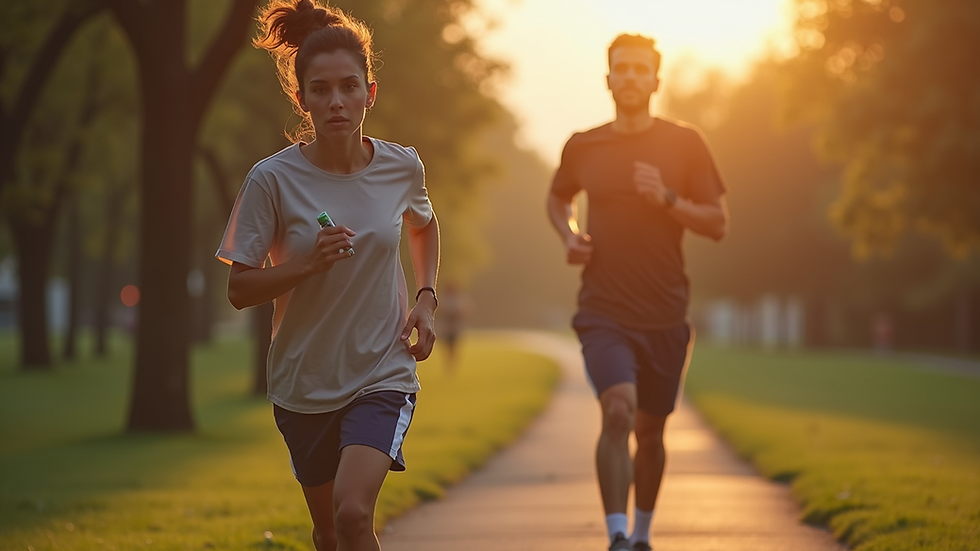 High angle view of a person jogging in a park with an inhaler in hand