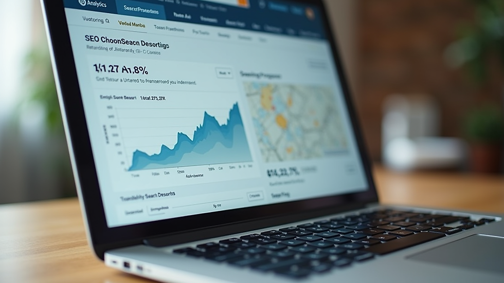 Close-up view of a laptop screen showing SEO analytics and local search results