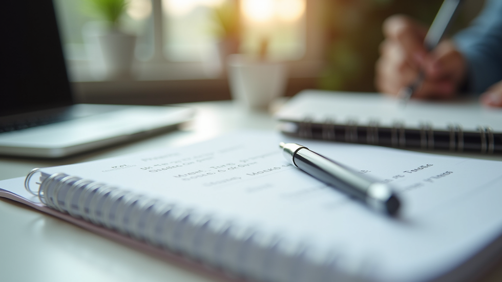 Close-up view of a notebook with business notes and a pen ready for planning